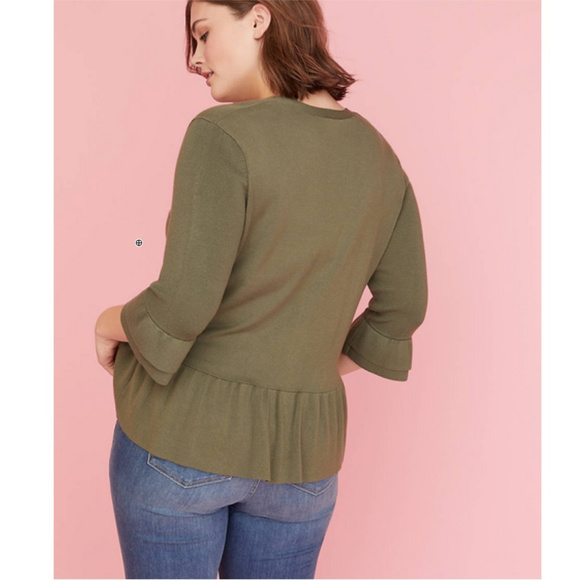 Lane Bryant ruffle-sleeve cardigan in olive green - Picture 3 of 6